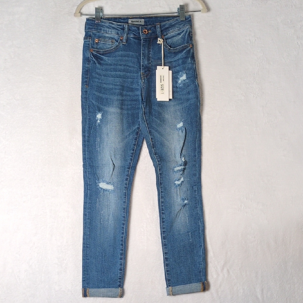 Special A Junior's‎ Distressed Mid Rise Rollen Him Skinny Jeans Size 1